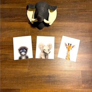 Monkey Giraffe Animal Prints Jungle Nursery Wall Art and Plush Elephant Bust